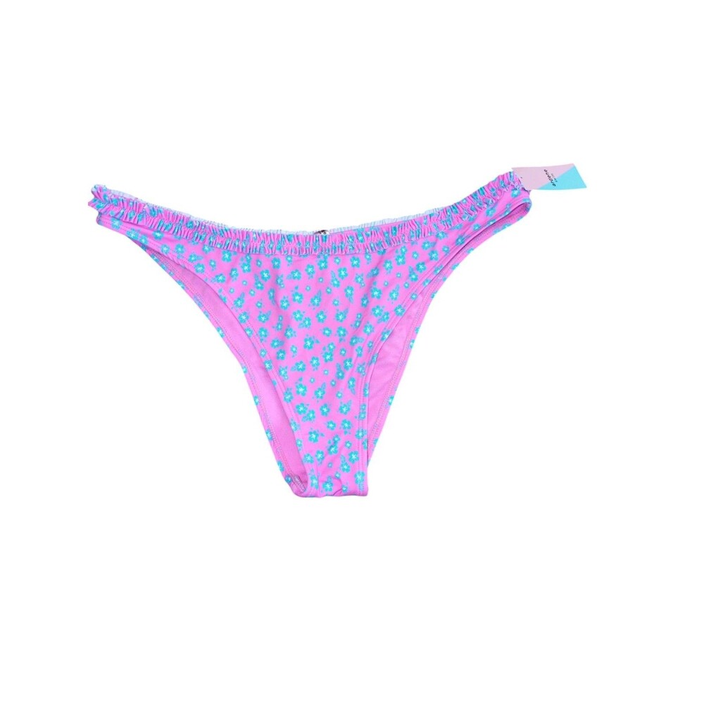 Ardene Women's Pink Teal Floral Frill Trim High Cut Bikini Bottom Size L NWT